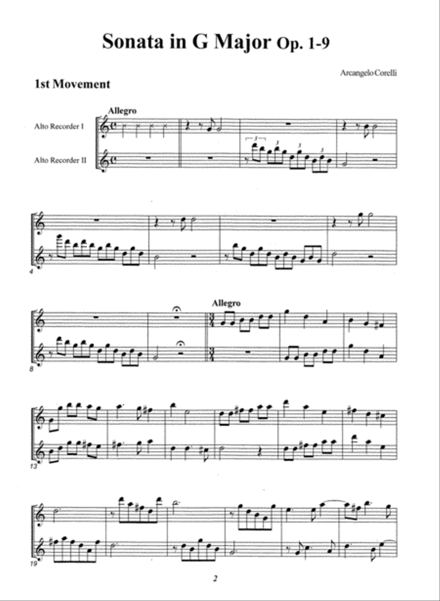 Trio Sonata G Major Op. 1-9 Alto Recorder scores gallery preview page 2