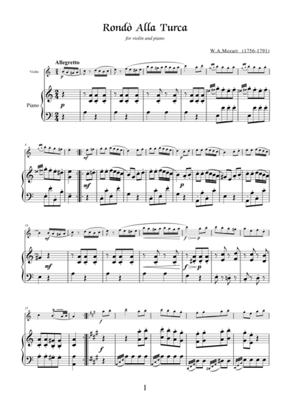 Rondo "Alla Turca" by Wolfgang Amadeus Mozart, arrangement for violin and piano
