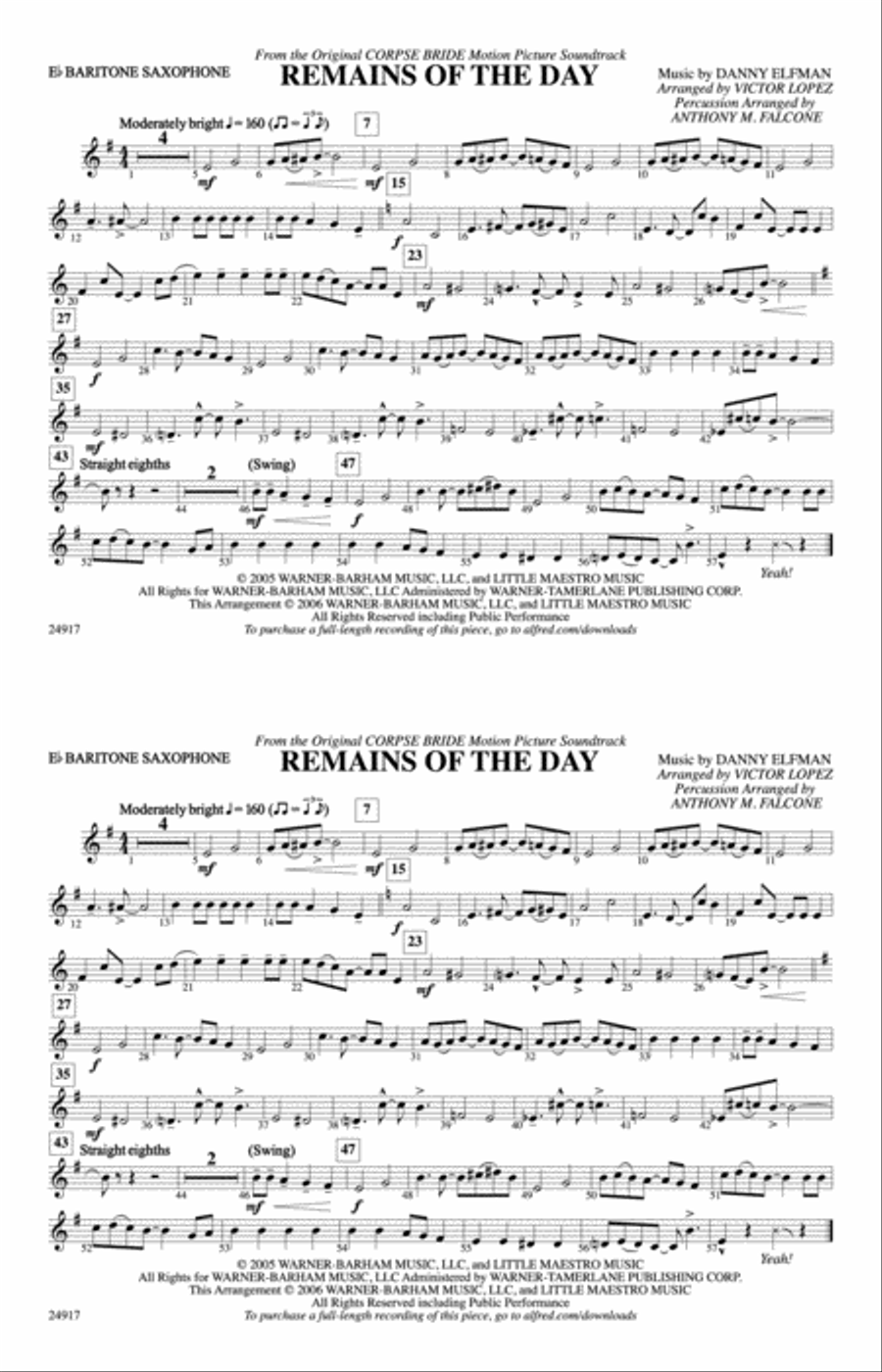 Remains of the Day (from Corpse Bride): E-flat Baritone Saxophone Marching Band scores gallery preview page 1