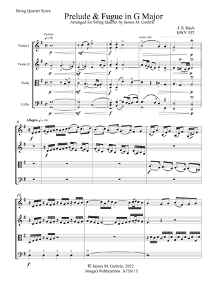 Book cover for Bach: Prelude & Fugue in G Major BWV 557 for String Quartet