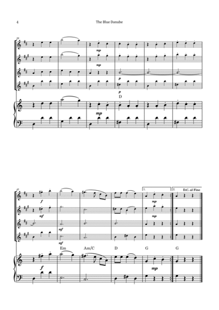 The Blue Danube - Saxophone Quartet with Piano and Chord Notations image number null