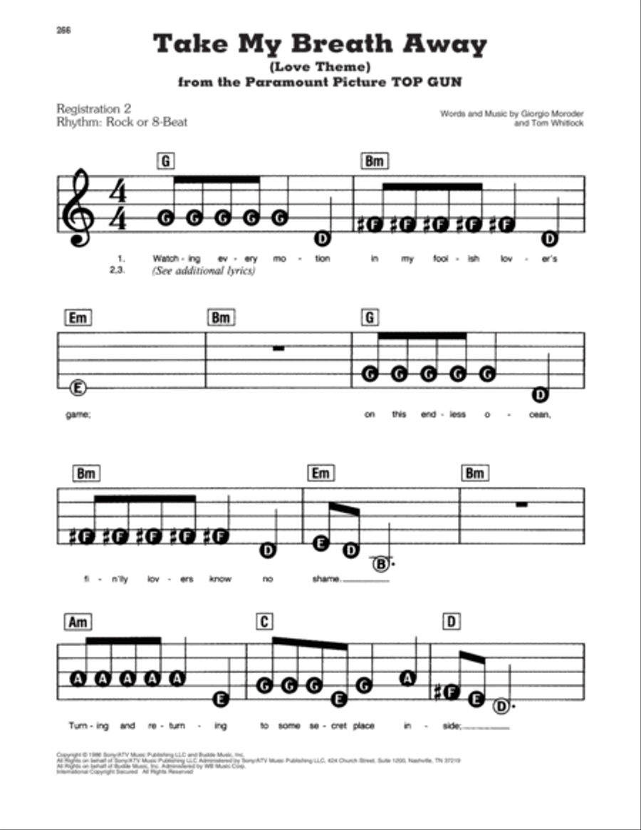 Take My Breath Away (Love Theme) Electronic Keyboard scores gallery preview page 1