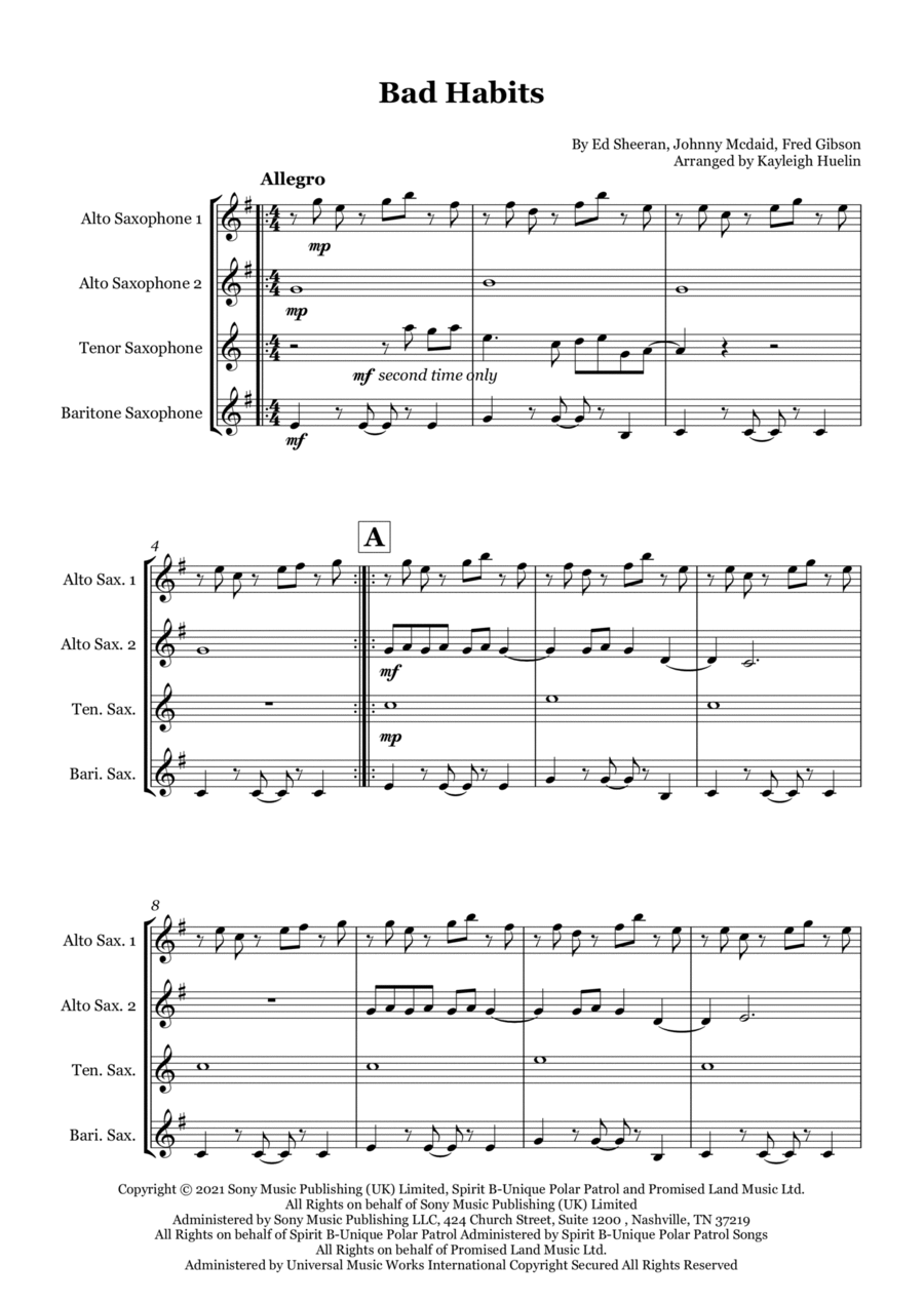 Bad Habits Saxophone Quartet scores gallery preview page 1