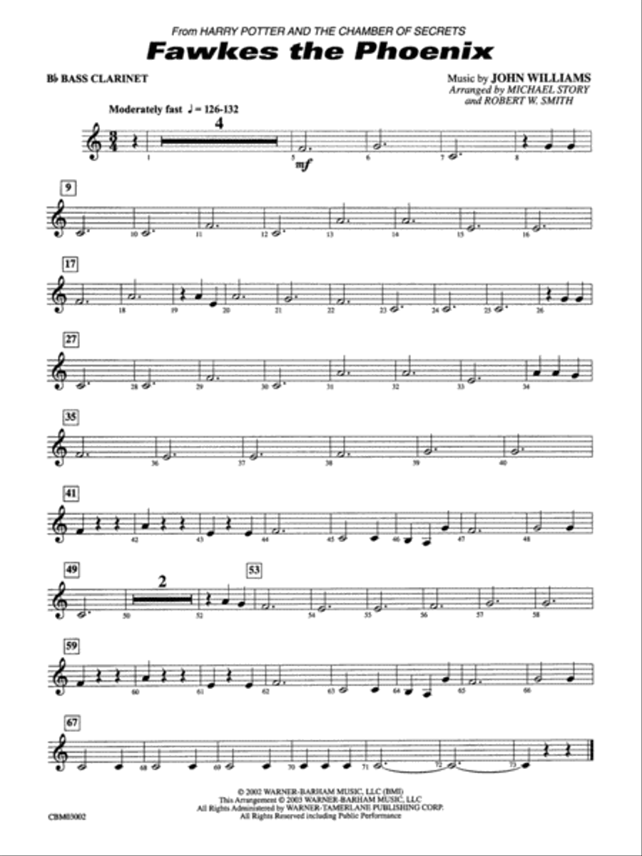 Fawkes the Phoenix (from Harry Potter and the Chamber of Secrets): B-flat Bass Clarinet Concert Band scores gallery preview page 1