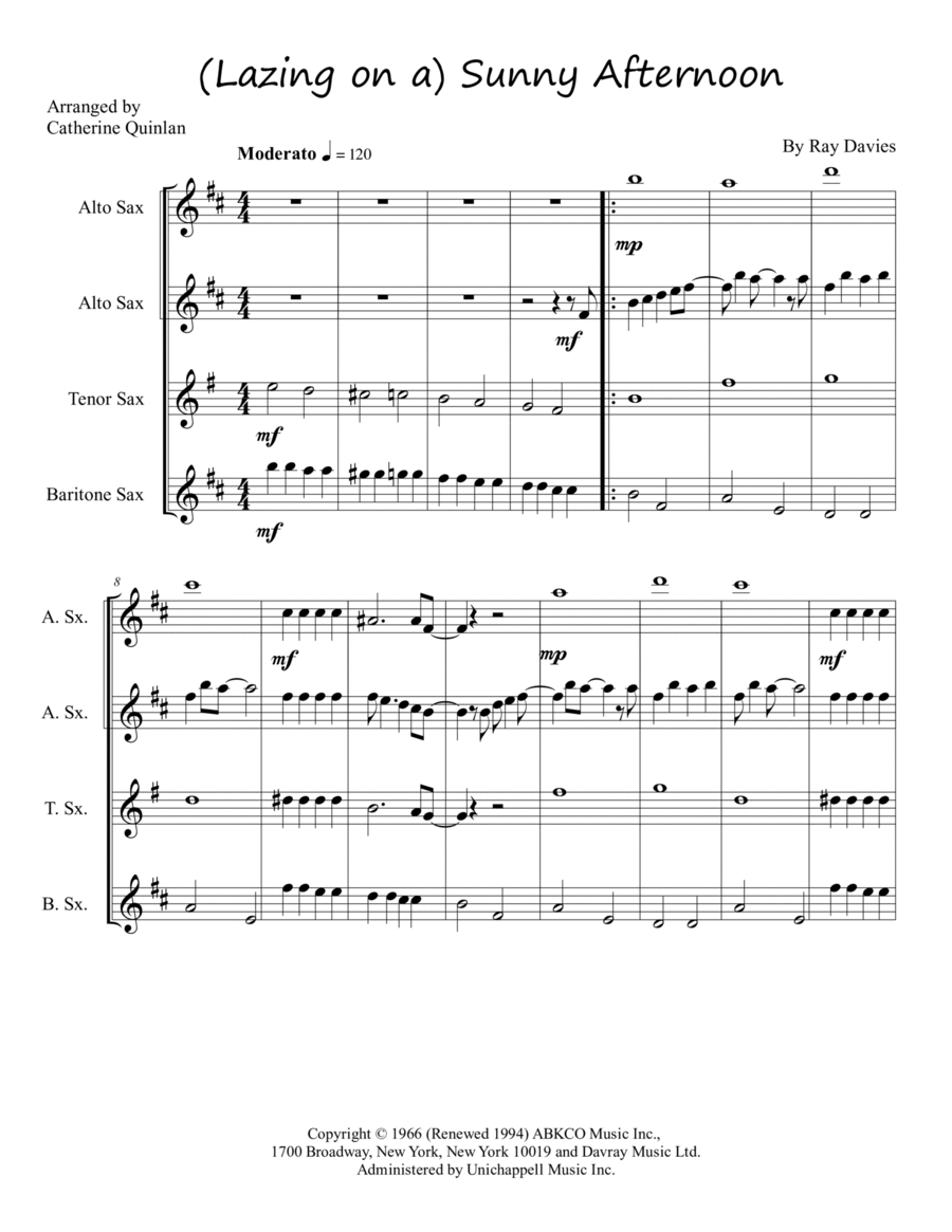 Sunny Afternoon Sunny Afternoon Saxophone Quartet scores gallery preview page 1