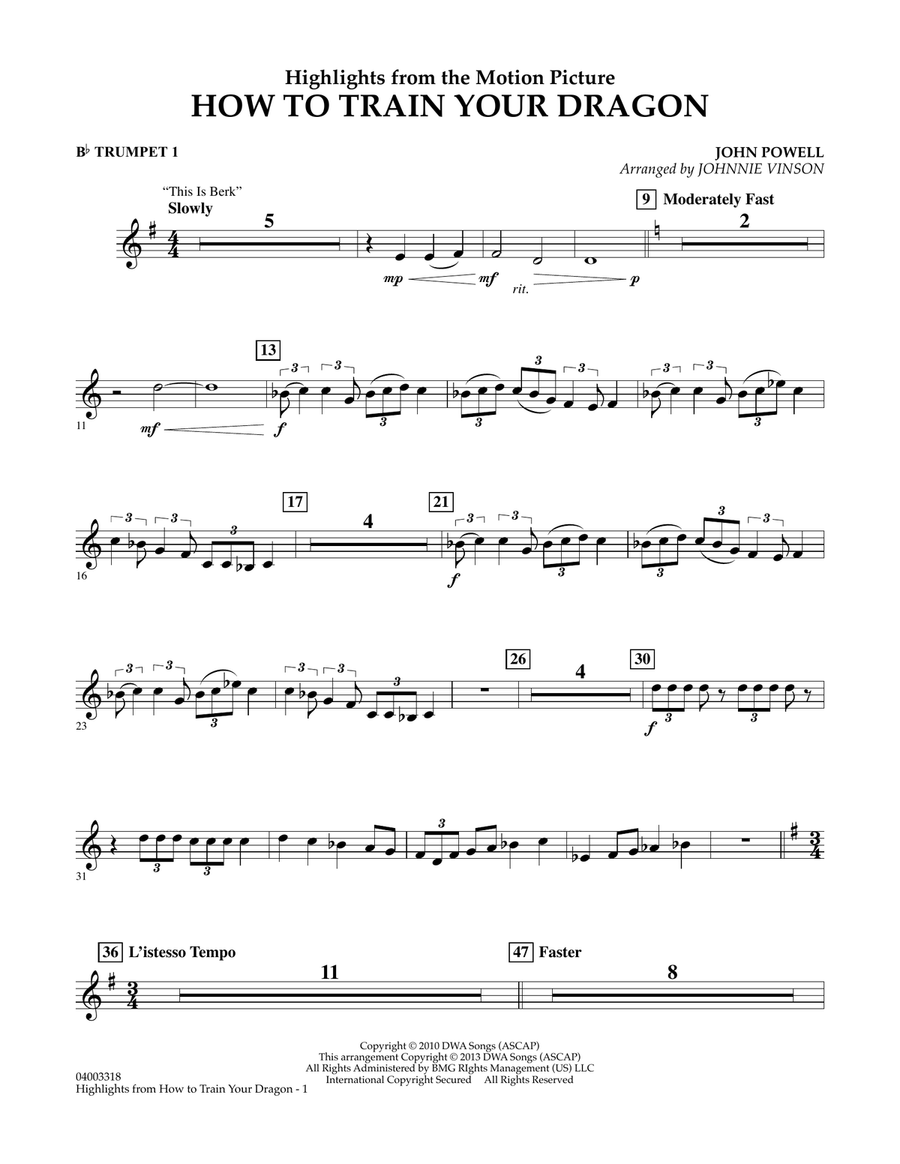 Highlights from How To Train Your Dragon - Bb Trumpet 1 Concert Band scores gallery preview page 1