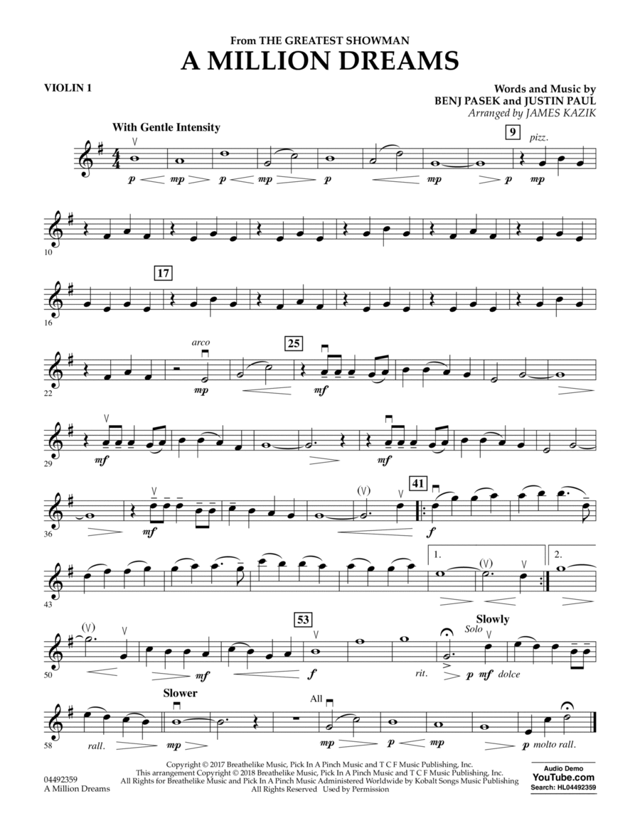 A Million Dreams (from The Greatest Showman) (arr. James Kazik) - Violin 1 Violin scores gallery preview page 1