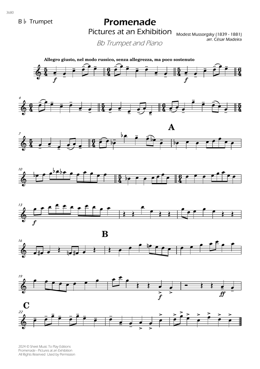 Pictures at an Exhibition - Promenade - Bb Trumpet and Piano (Individual Parts) B-Flat Trumpet scores gallery preview page 1