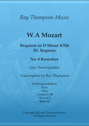 Book cover for Mozart: Requiem in D minor K626 III.Sequenz No.4 Recordare - wind quintet