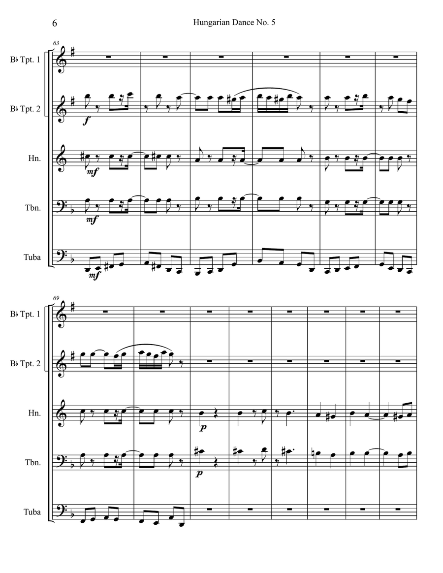 Hungarian Dance No 5 In G Minor - Allegro Vivace Brass Quintet scores gallery preview page 6