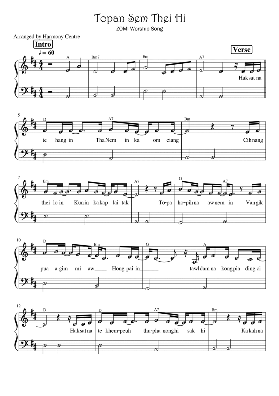 Topan Sem Thei Hi (Zomi Worship Song) | Piano Solo with note names, chords and lyrics Easy Piano scores gallery preview page 1