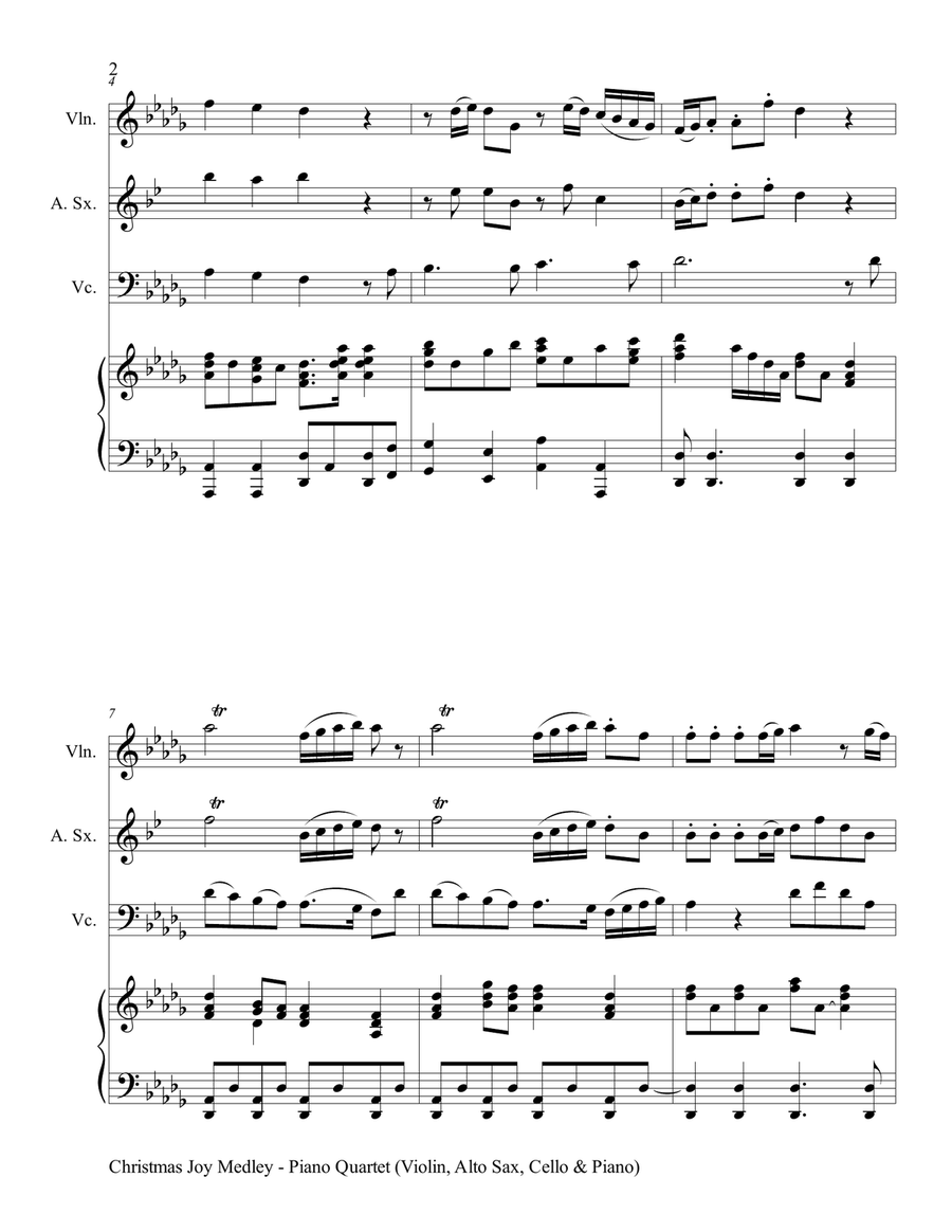 CHRISTMAS JOY MEDLEY (Piano Quartet - Violin, Alto Sax, Cello and Piano with Score & Parts) Piano Quartet scores gallery preview page 3