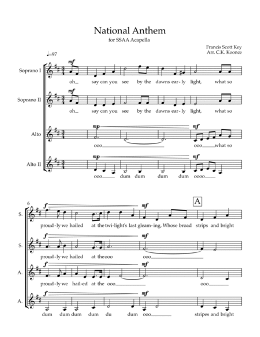 National Anthem Acapella for SSAA choir or five female voices SSAA scores gallery preview page 2