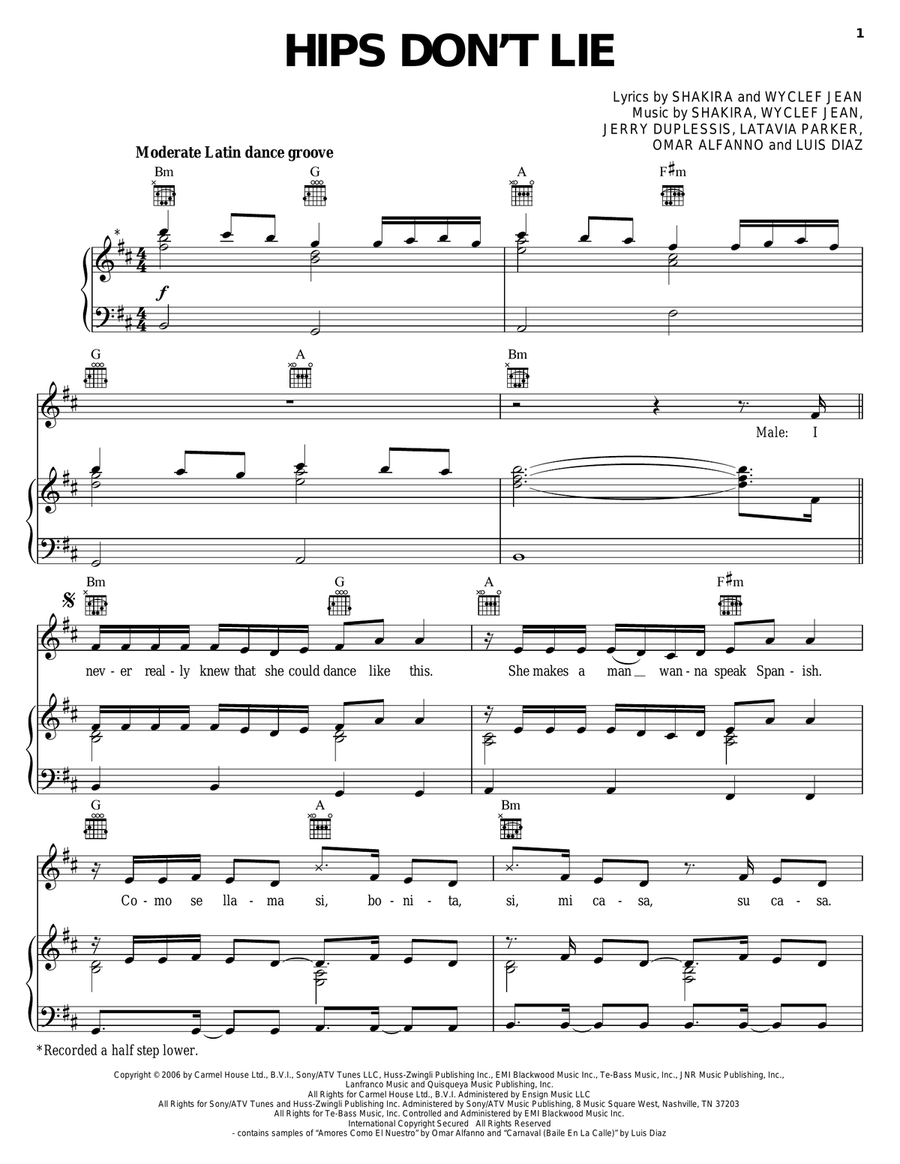Hips Don't Lie Piano, Vocal, Guitar scores gallery preview page 1