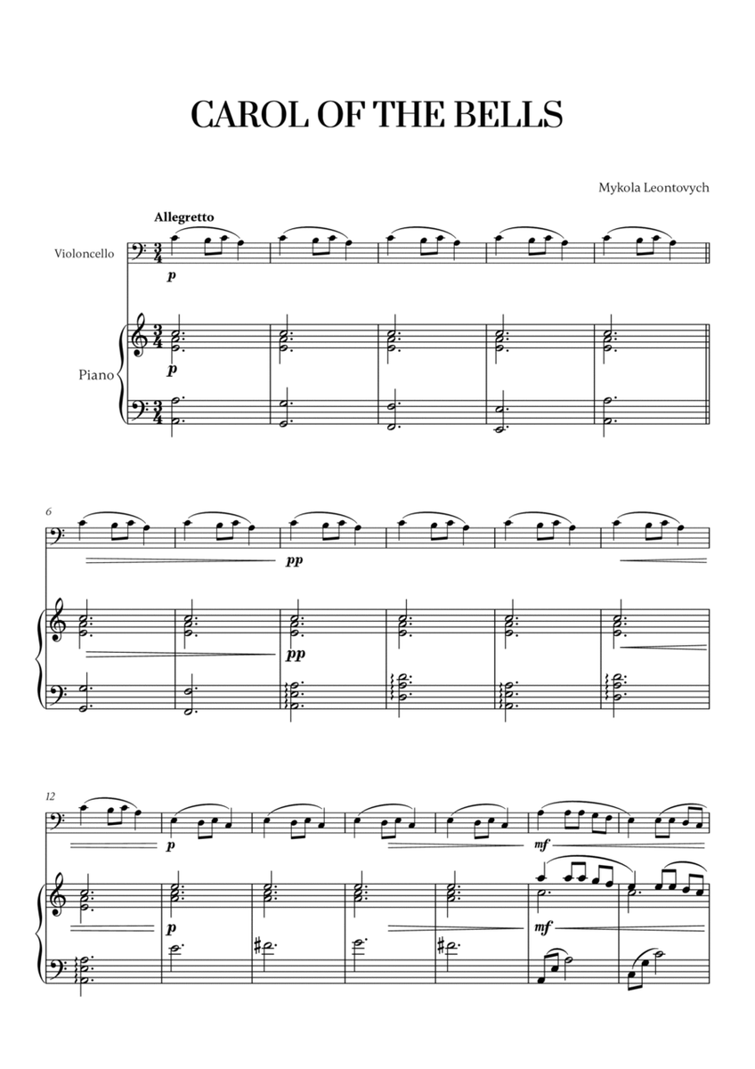 Carol of the Bells (Very Easy/Beginner) - A minor (for Cello and Piano) image number null
