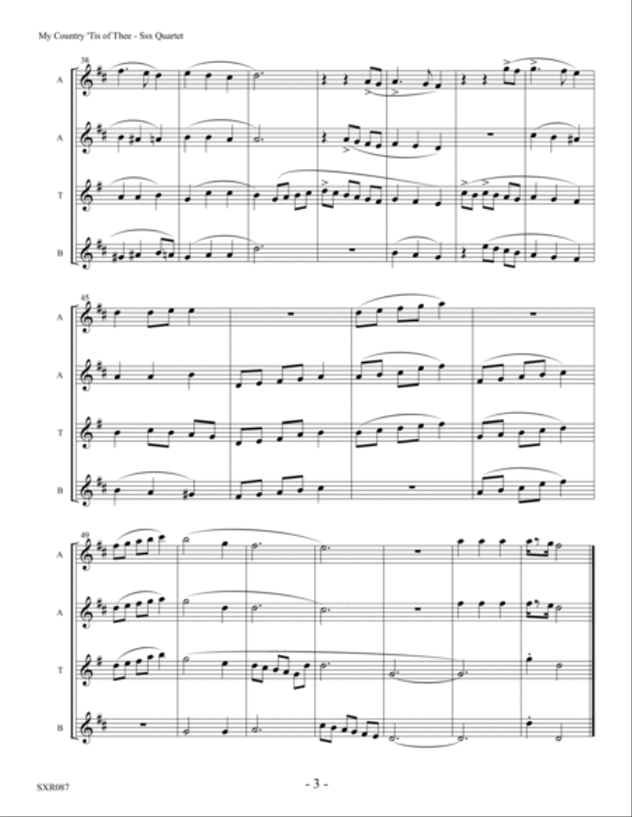 MY COUNTRY TIS OF THEE - AATB SAXOPHONE QUARTET (unaccompanied) Saxophone Quartet scores gallery preview page 3