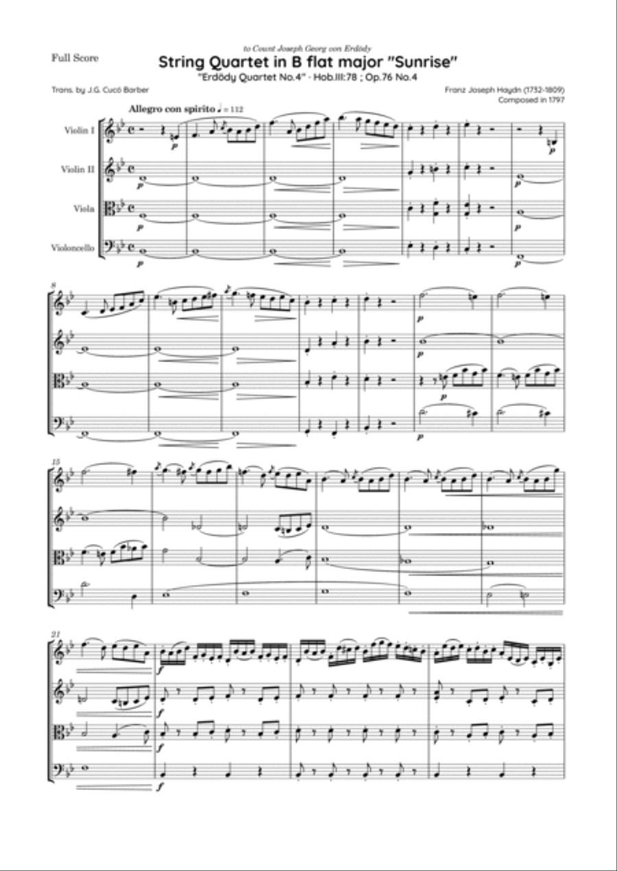 Haydn - String Quartet in B flat major, Hob.III:78 ; Op.76 No.4 