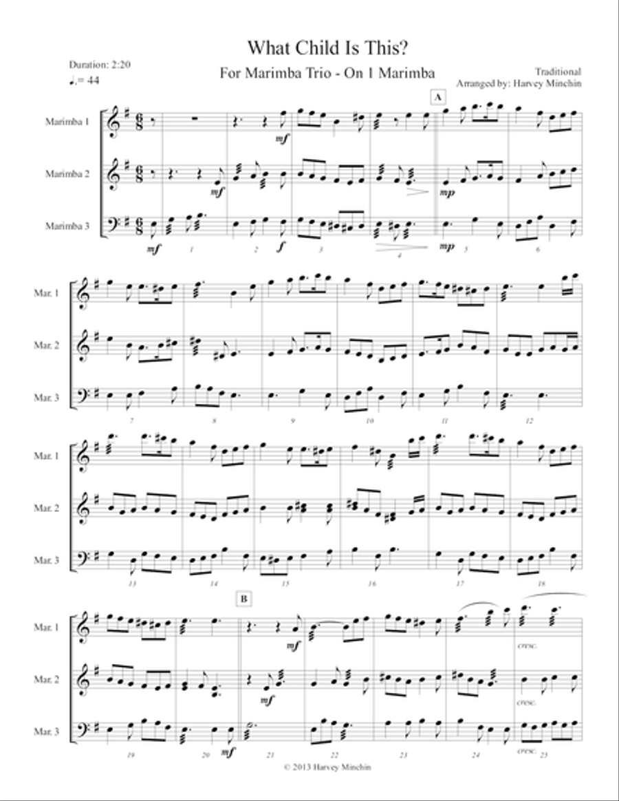 What Child Is This? - For Marimba Trio Percussion Ensemble scores gallery preview page 1