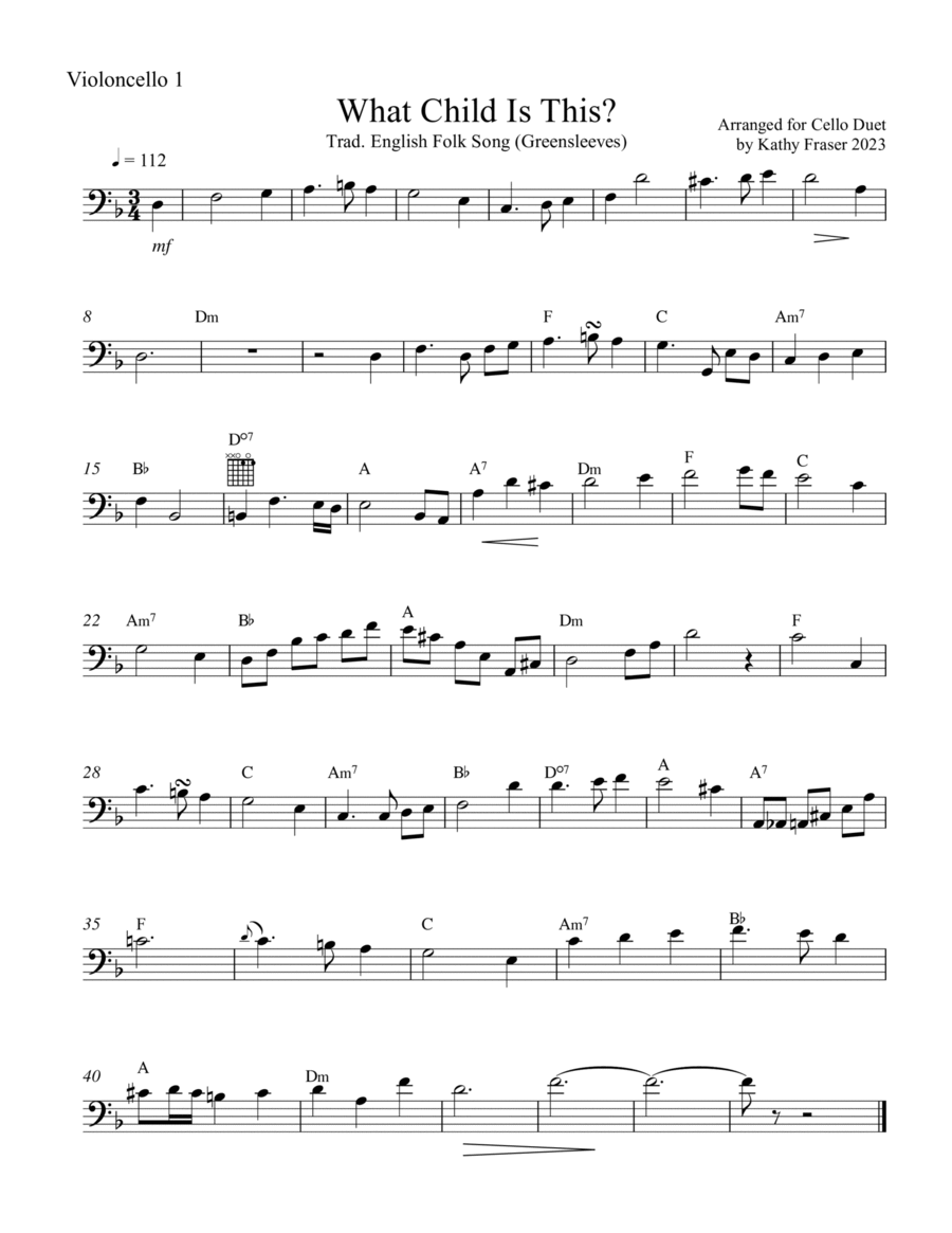 What Child is This? (Greensleeves) for Cello Duet and Optional Guitar String Duet scores gallery preview page 1