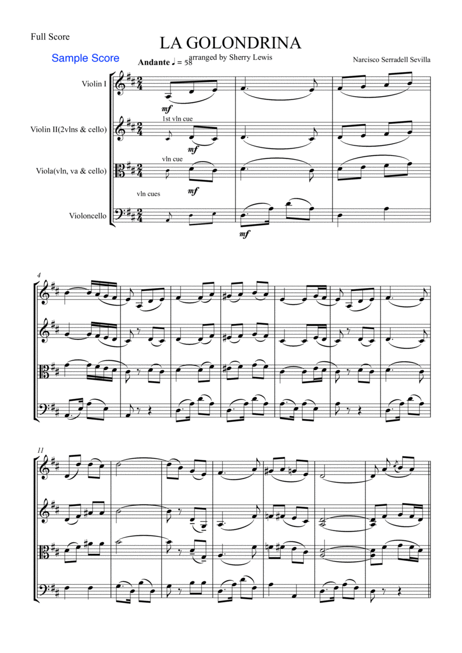 LA GOLONDRINA,Sevilla, String Trio, Intermediate Level for 2 violins and cello or violin, viola and String Trio scores gallery preview page 1