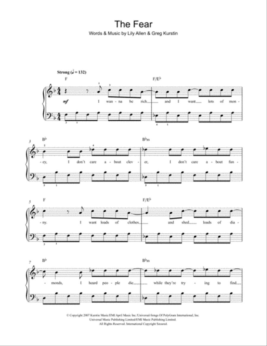 The Fear Easy Piano scores gallery preview page 1