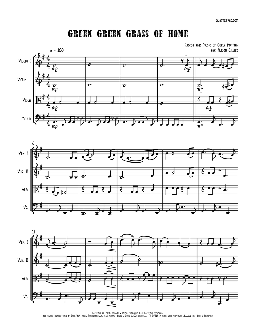 Green Green Grass Of Home String Quartet scores gallery preview page 1