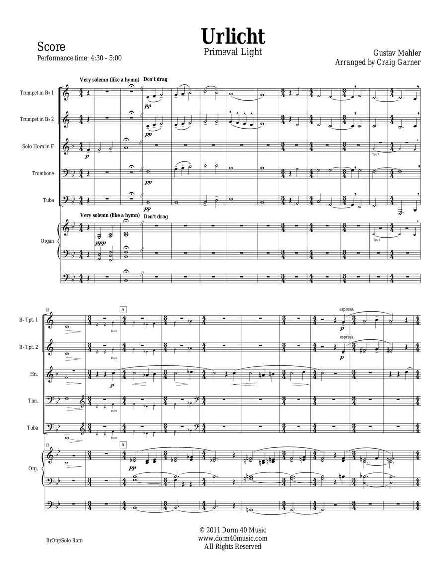 Urlicht (Primeval Light), Fourth Movement, Symphony No. 2 (for Brass Quintet [Horn Solo] & Organ) Brass Ensemble scores gallery preview page 2