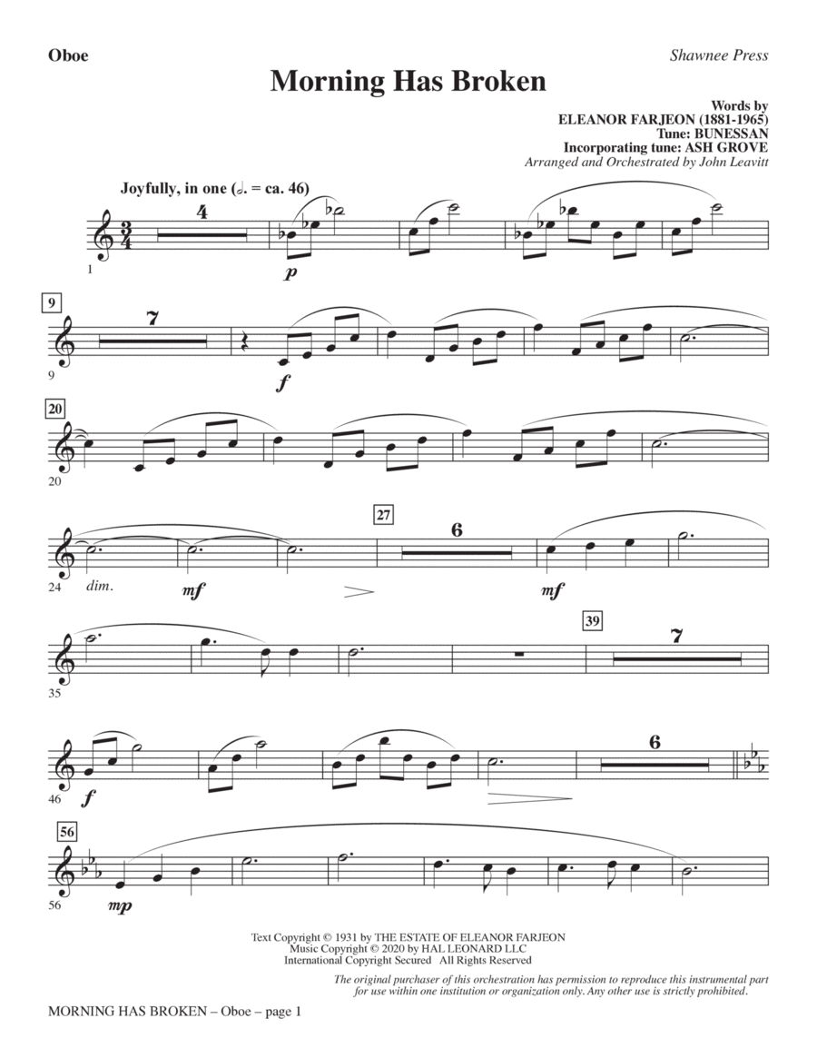 Morning Has Broken (New Edition) (arr. John Leavitt) - Oboe