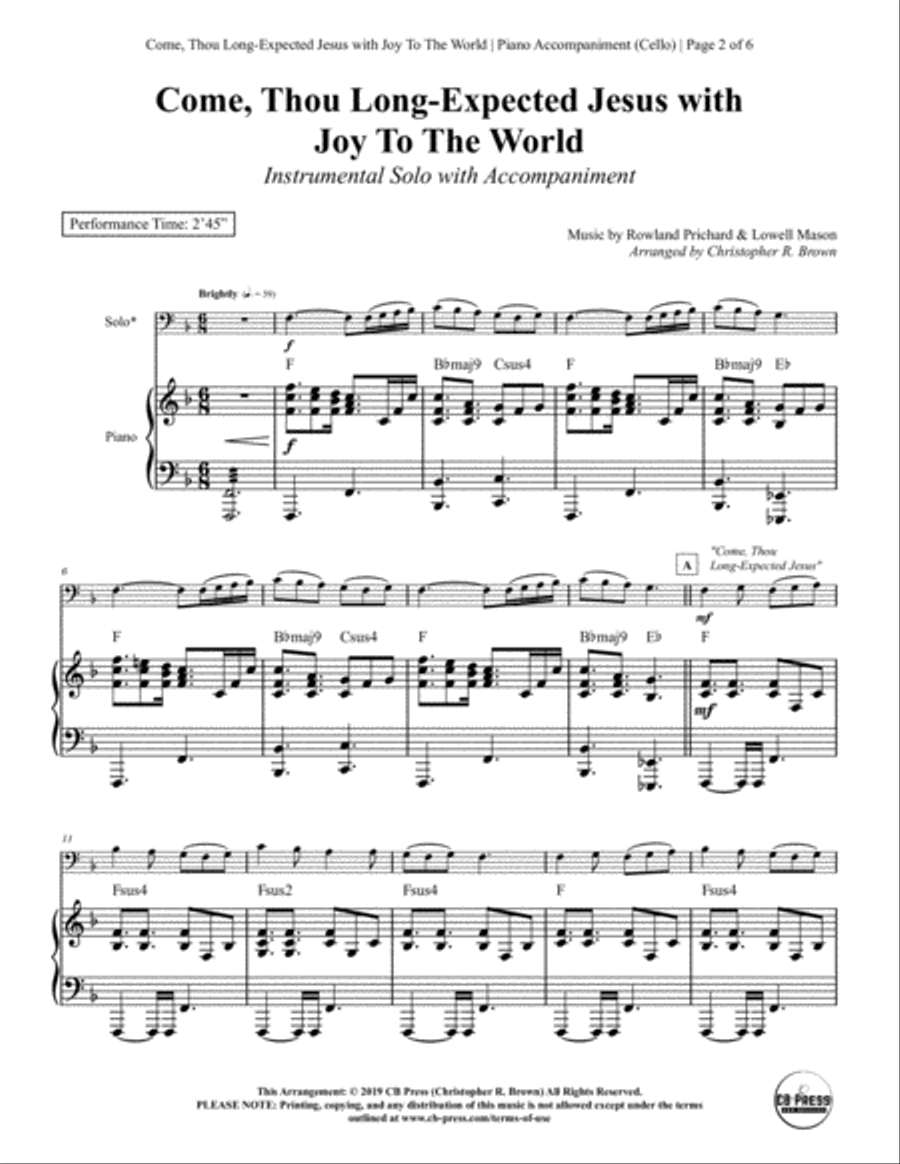 Come, Thou Long-Expected Jesus with Joy To The World - Cello Solo with Piano Accompaniment Piano scores gallery preview page 2