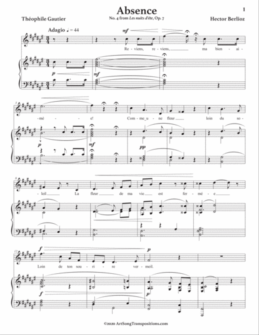 BERLIOZ: Absence, Op. 7 no. 4 (transposed to F-sharp major) Voice scores gallery preview page 2
