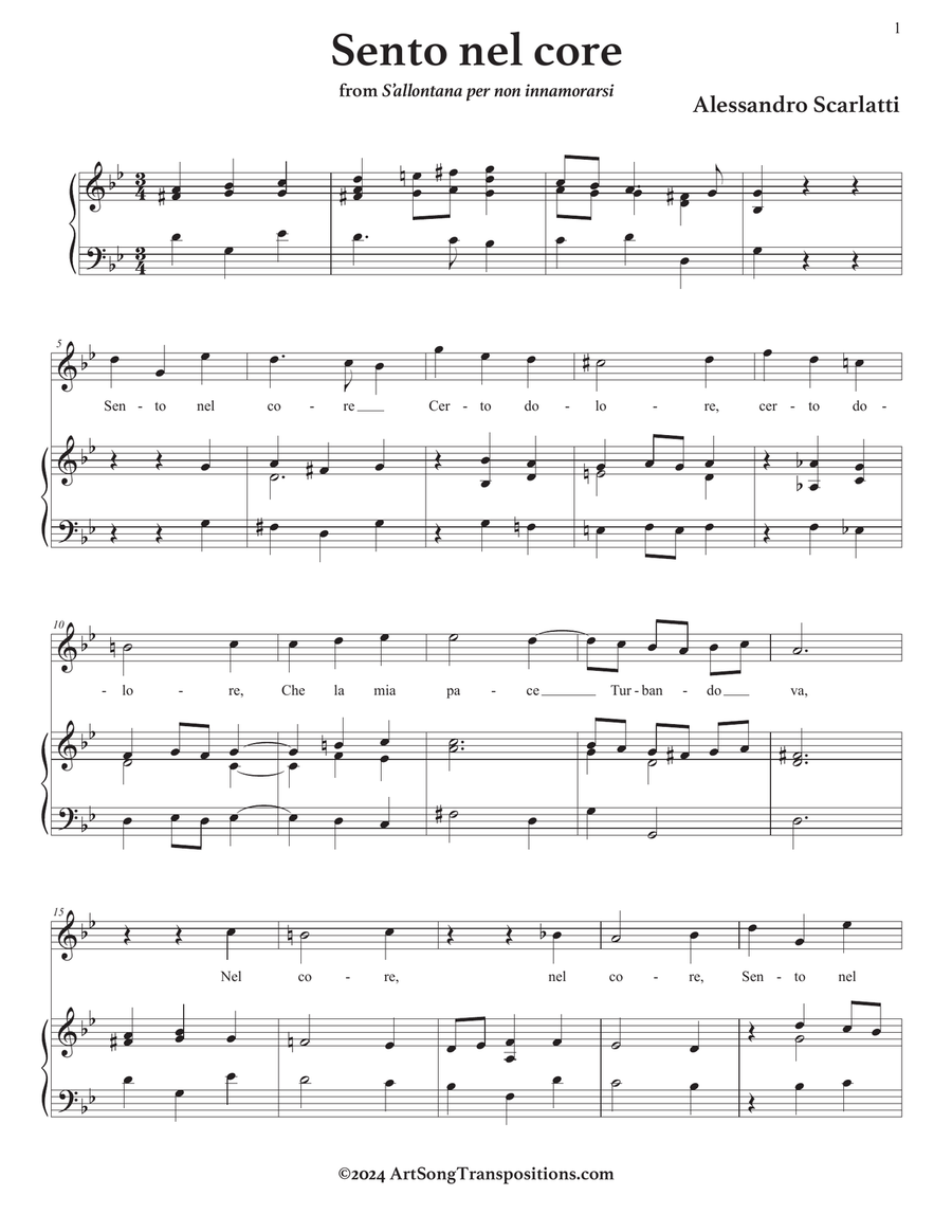 SCARLATTI: Sento nel core (transposed to G minor) Voice scores gallery preview page 2