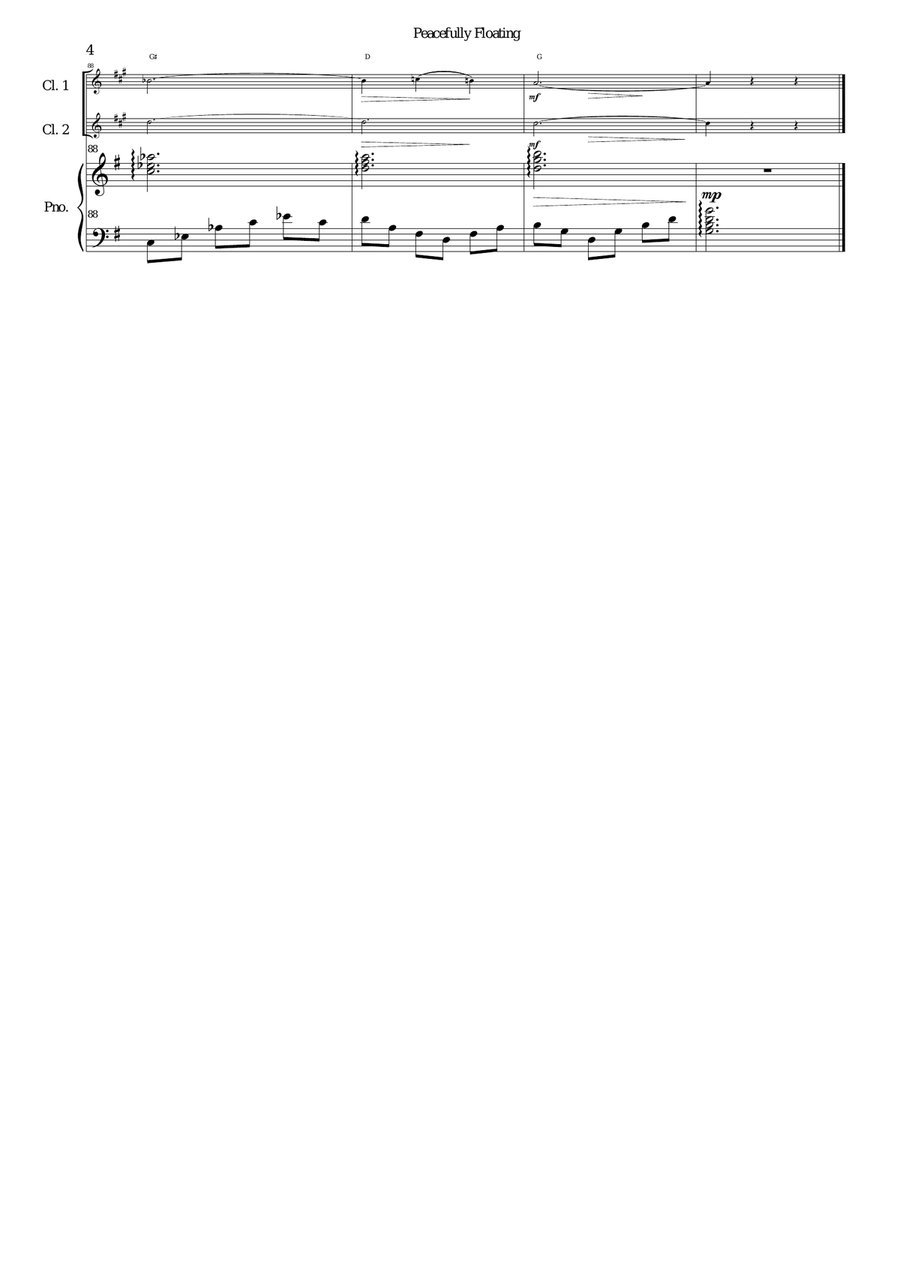 Peacefully Floating for 2 clarinets and piano (and optional guitar chords) Clarinet Duet scores gallery preview page 4