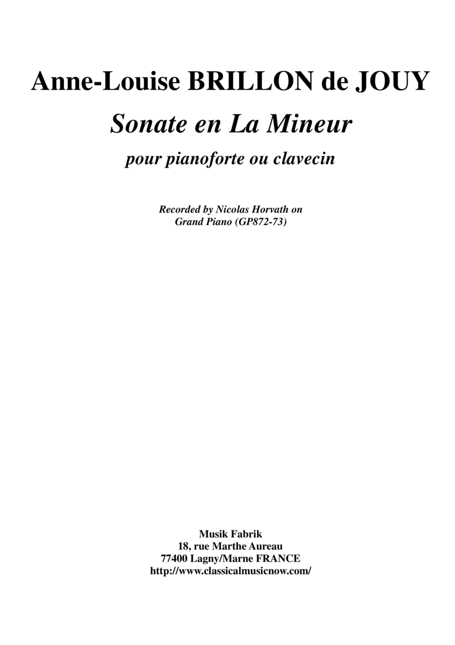 Anne-Louise Brillon de Jouy: Sonata in a minor for piano or harpsichord Harpsichord scores gallery preview page 1