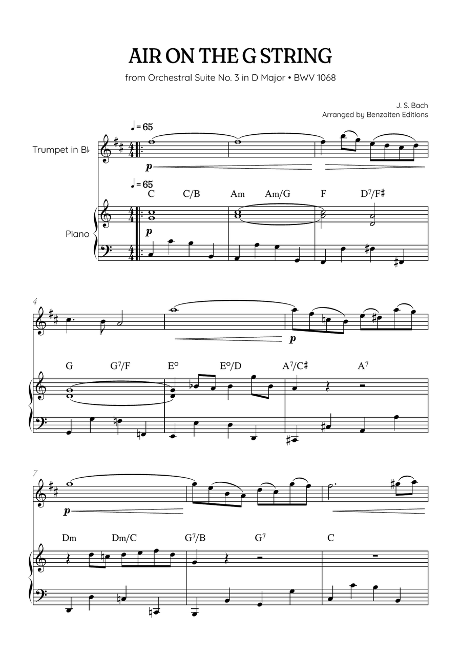 JS Bach • Air on the G String from Suite No. 3 BWV 1068 | trumpet & piano sheet music w/ chords image number null