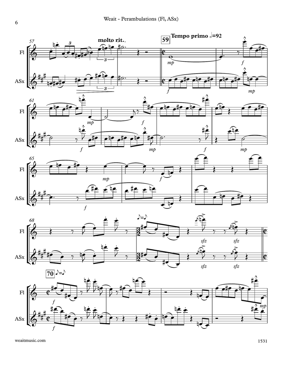 Perambulations for flute & alto saxophone (3’10) Woodwind Duet scores gallery preview page 6