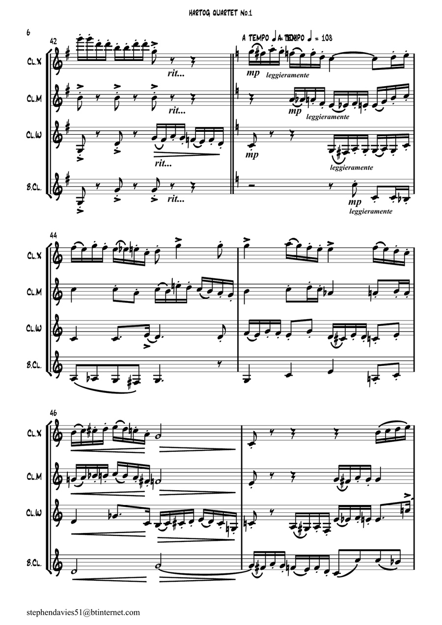 Quartet No.1 By Edouard de Hartog Op.35 for Clarinet Quartet. Clarinet Quartet scores gallery preview page 6