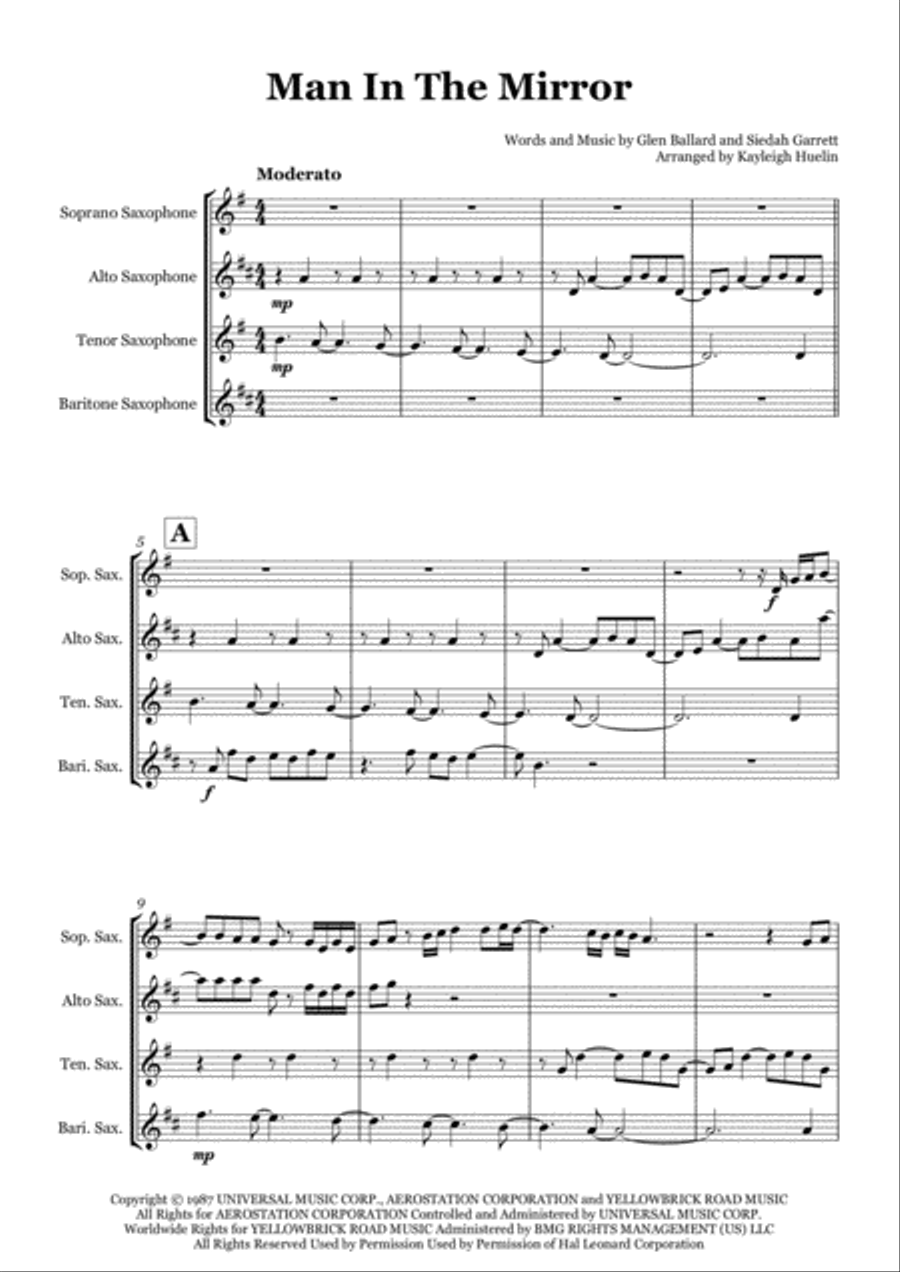 Man In The Mirror Saxophone Quartet scores gallery preview page 1