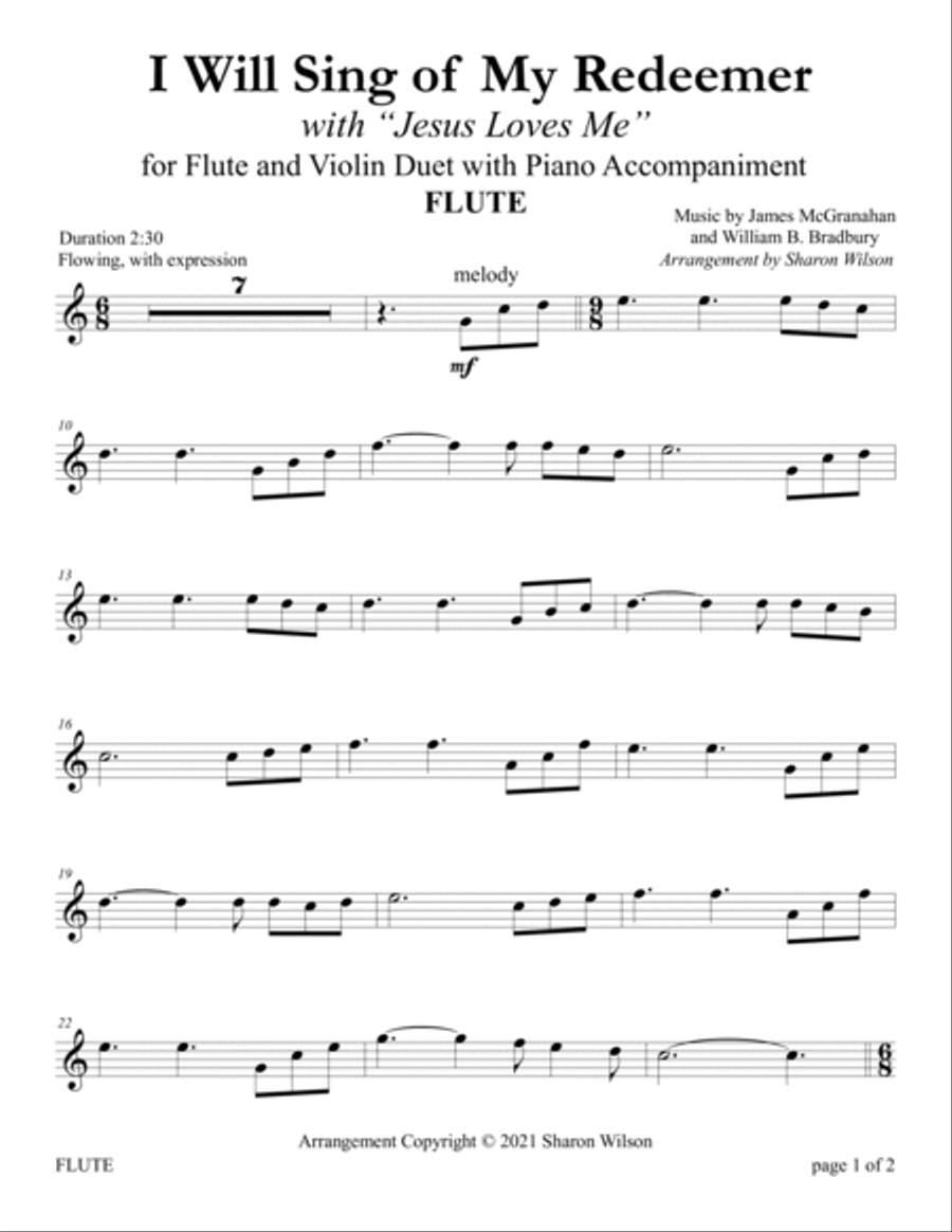 I Will Sing of My Redeemer with Jesus Loves Me (for Flute and Violin Duet with Piano accompaniment) image number null
