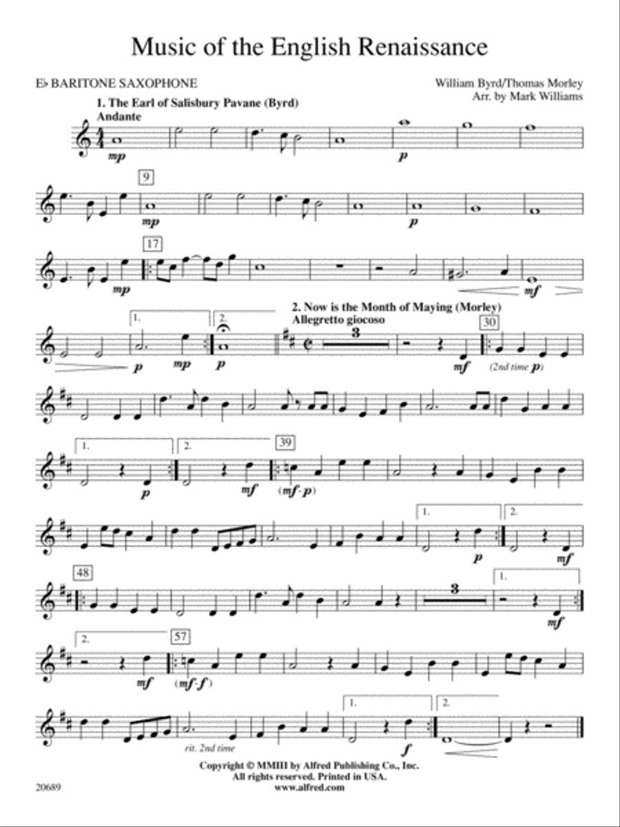 Music of the English Renaissance: E-flat Baritone Saxophone Concert Band scores gallery preview page 1