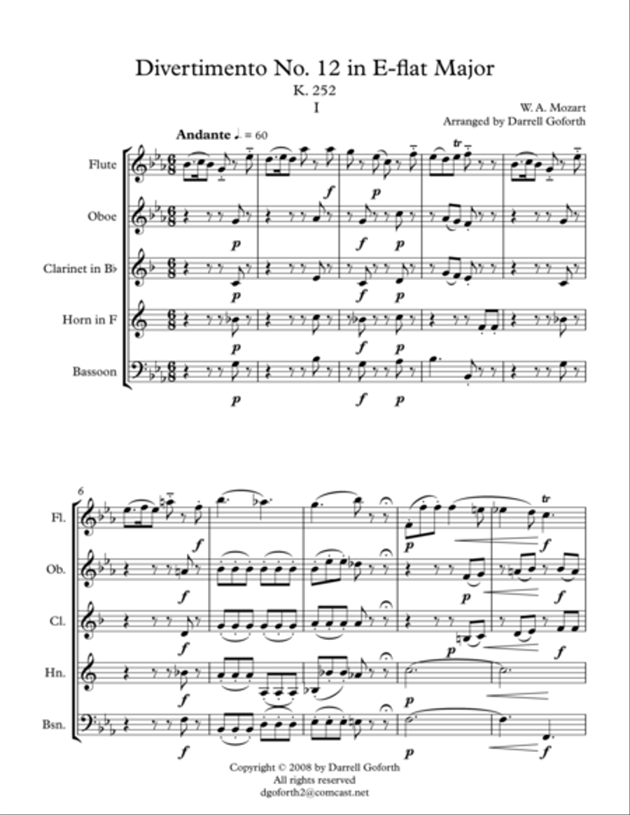 Mozart: Divertimento No. 12 in Eb Major for Wind Quintet Woodwind Quintet scores gallery preview page 1