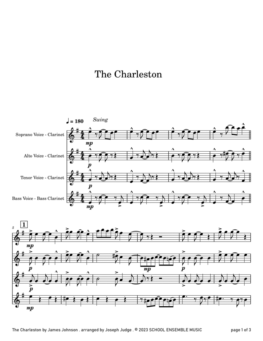 The Charleston by James Johnson for Clarinet Quartet in Schools Clarinet Quartet scores gallery preview page 1