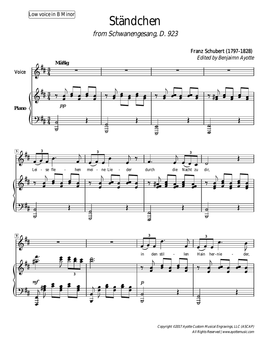 Schubert - Serenade (Ständchen) from Schwanengesang - Low Voice in B Minor Piano, Vocal scores gallery preview page 1