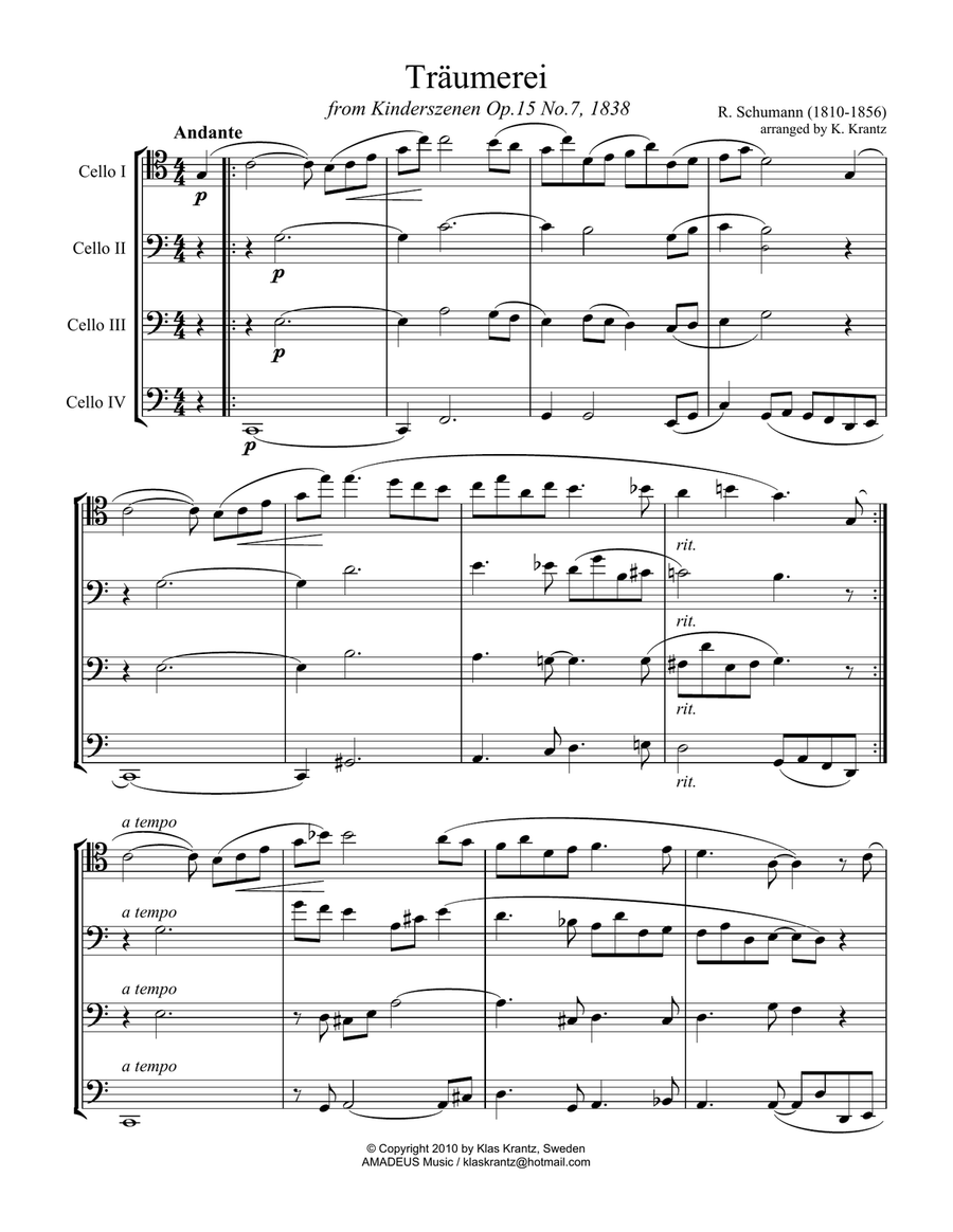 Traumerei / Dreaming for cello quartet String Orchestra scores gallery preview page 2