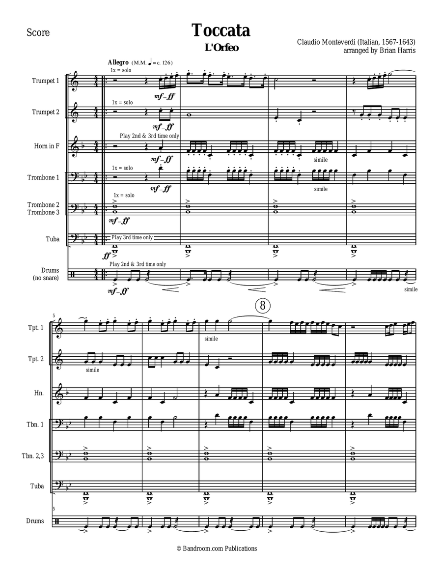 TOCCATA (fanfare) from L'ORFEO by Monteverdi - brass ensemble with opt. percussion - score & parts Brass Ensemble scores gallery preview page 2