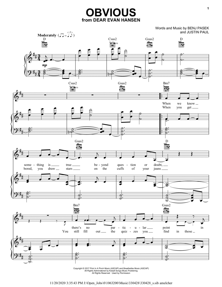 Obvious (from Dear Evan Hansen) Piano, Vocal, Guitar scores gallery preview page 1