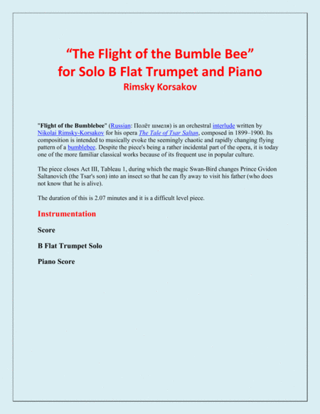 The Flight of the Bumble Bee - Rimsky Korsakov - for Bb Trumpet and Piano image number null
