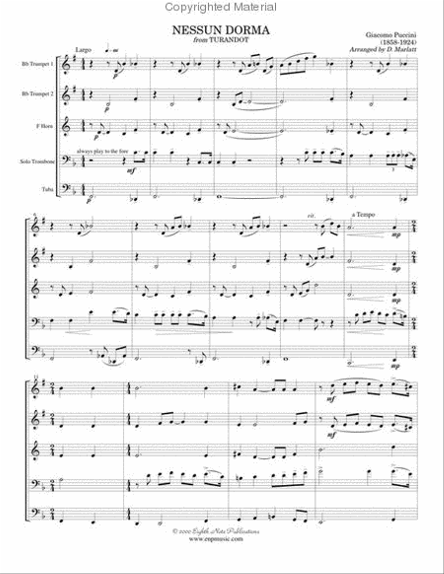 Nessun Dorma (from Turnadot) Brass Quintet scores gallery preview page 2