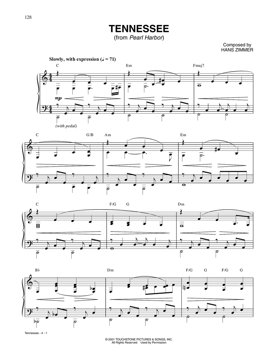 Tennessee (from Pearl Harbor) Piano Solo scores gallery preview page 1