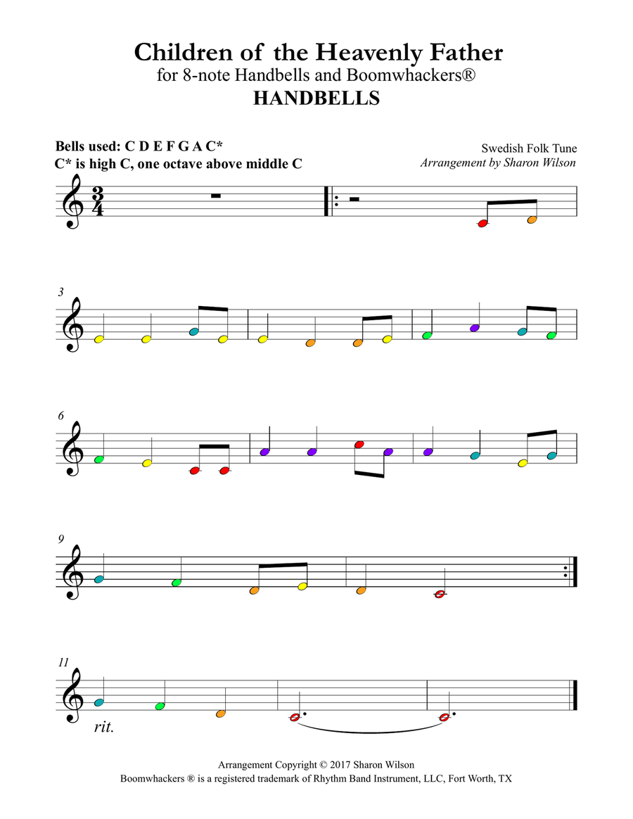 Children of the Heavenly Father (for 8-note Bells and Boomwhackers with Color Coded Notes) Handbell Choir scores gallery preview page 3