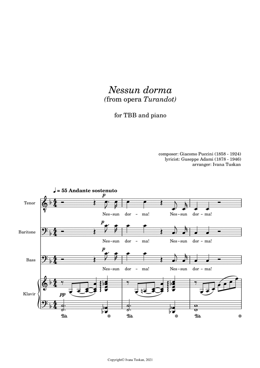 Nessun dorma, for TBB and piano, F major 3-Part scores gallery preview page 1